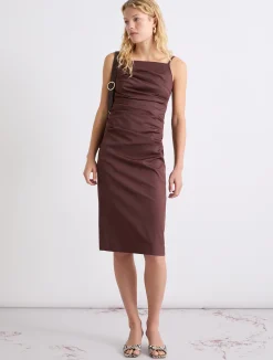 Abito a tubino in popeline stretch - MARRONE