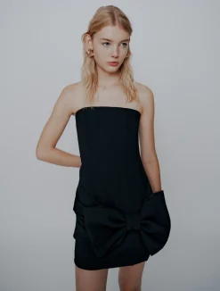 Abito bustier in envers satin con fiocco - NERO