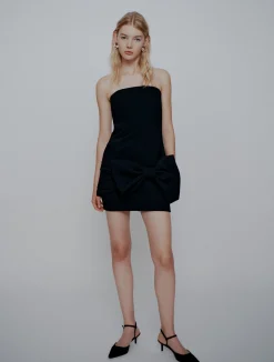 Abito bustier in envers satin con fiocco - NERO
