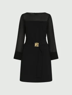 Abito con cintura in envers satin e georgette - NERO