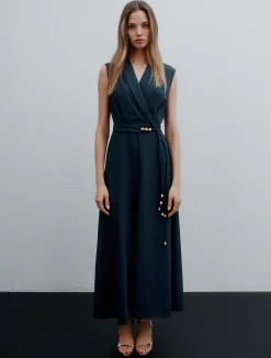 Abito smanicato in envers satin - BLU PAVONE