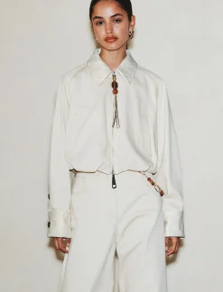 Bomber cropped in cotone stretch - BIANCO LANA