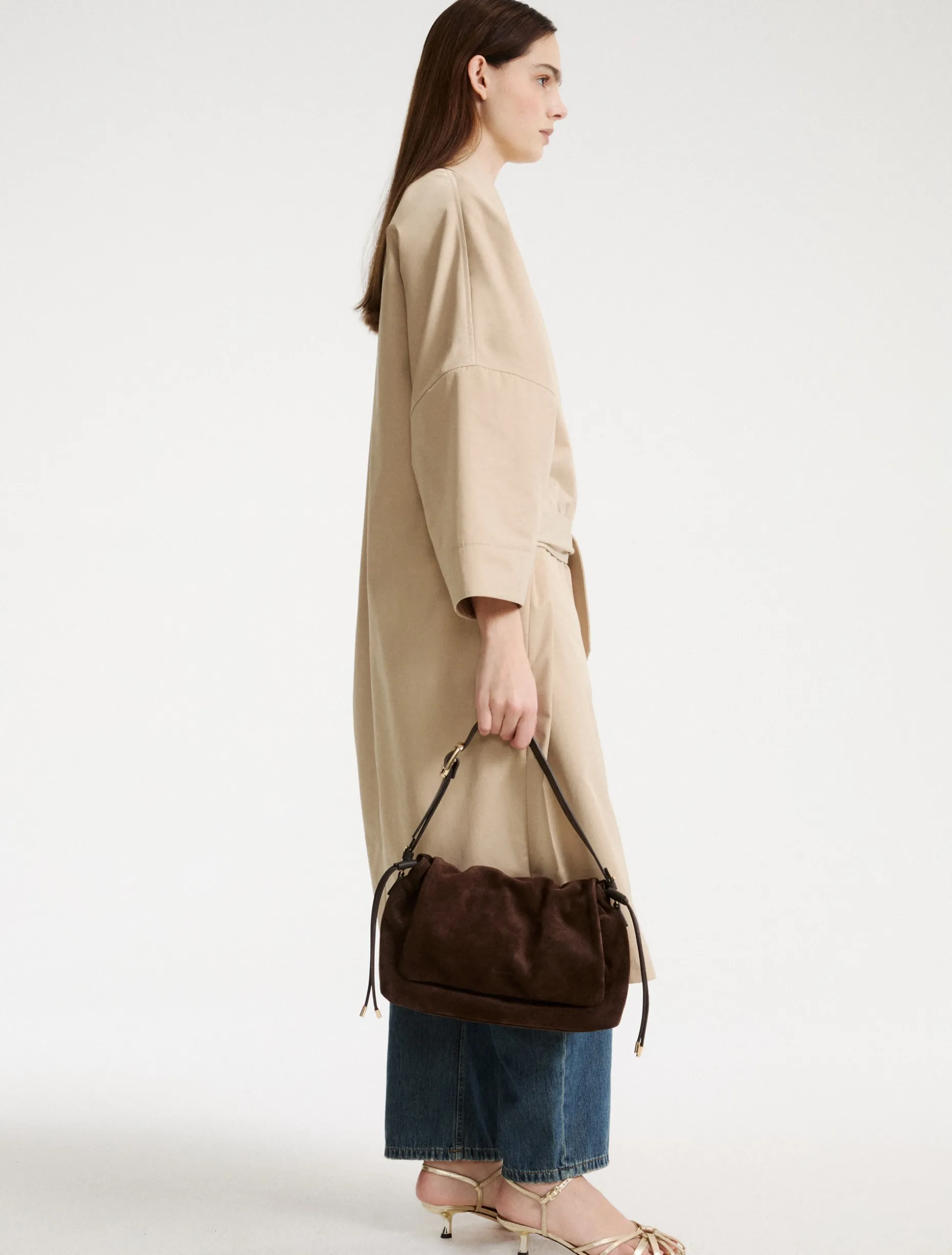 Borsa in pelle scamosciata con coulisse - TESTA DI MORO