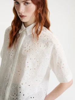 Camicia boxy in mussola ricamata - BIANCO