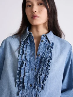 Camicia in denim con rouche - AZZURRO POLVERE