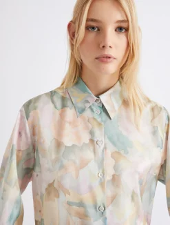 Camicia in seta habotai stampata - AZZURRO