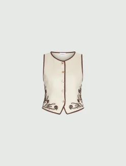 Gilet ricamato in lino - PANNA