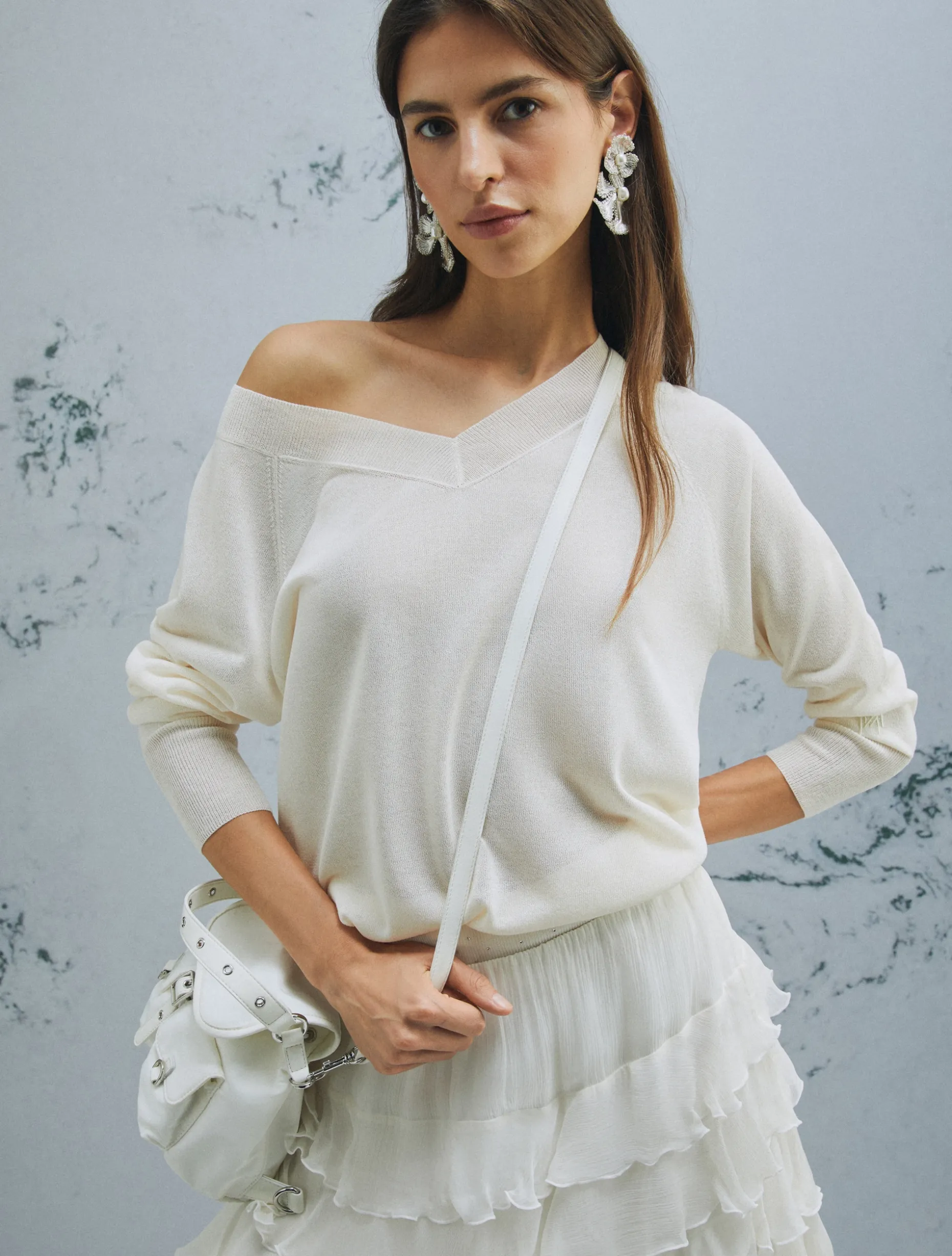 Maglia con scollo a V - BIANCO LANA