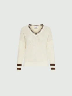 Maglia in cotone con scollo a V - BIANCO LANA