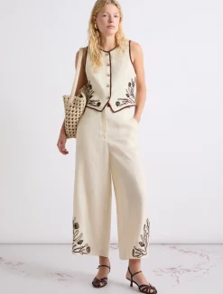 Pantalone in lino con ricami - PANNA