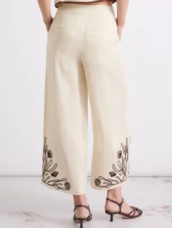 Pantalone in lino con ricami - PANNA