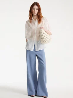 Pantalone wide leg in lino - Azzurro polvere