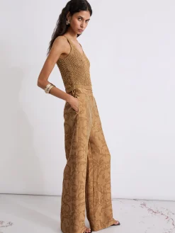 Pantalone wide leg in tessuto jacquard - BEIGE