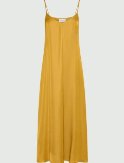 Slip dress in gabardina di misto lino - COGNAC
