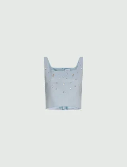 Top in lino e viscosa stretch - AZZURRO