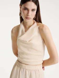Top smanicato in twill - PANNA