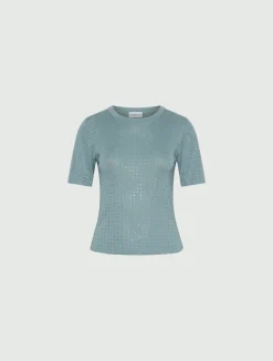 T-shirt in maglia con cristalli - AZZURRO