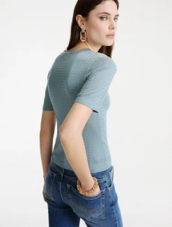T-shirt in maglia con cristalli - AZZURRO