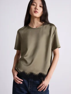T-shirt in raso con pizzo - KAKI